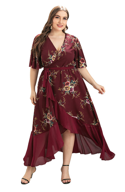 Flare Sleeve V-Neck Ruffles Irregular Hem Printed Elegant Maxi Curve Dresses Wholesale Plus Size Clothing