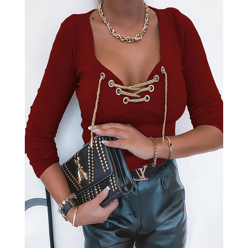 Solid Color V-Neck Slim Type Knitted Sweater Wholesale Women Clothing