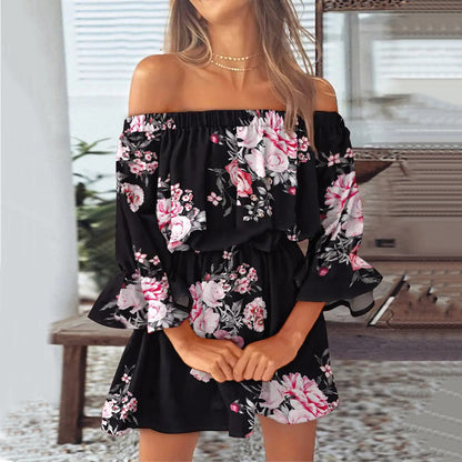 Sexy Off Shoulder Print Mini Swing Dress Hight Waist Wholesale Dresses