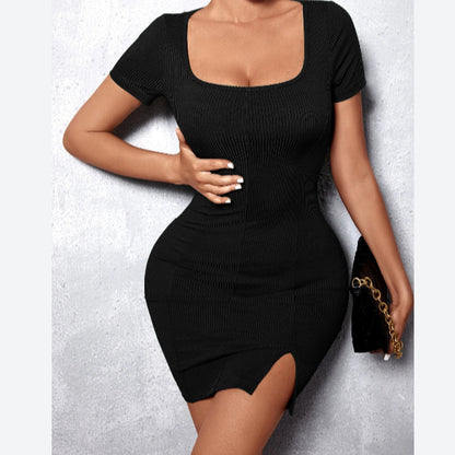 Womens Square Neck Short Sleeve Knit Bodycon Dress Slim Fit Ruched Stretchy Short Wholesale Mini Dress