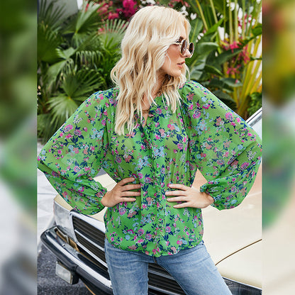 Floral Print Long Sleeve Button Down Wholesale Shirts Chiffon Blouses Summer