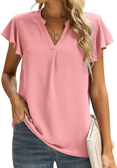 V-Neck Solid Color Frill Sleeve Casual Chiffon Women'S Tops Wholesale T Shirts ST531080