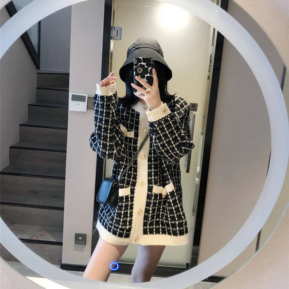 Plaid Ladies Elegant Knitwear Knitted Business Casual Women Wholesale Cardigans Sweater Jacket