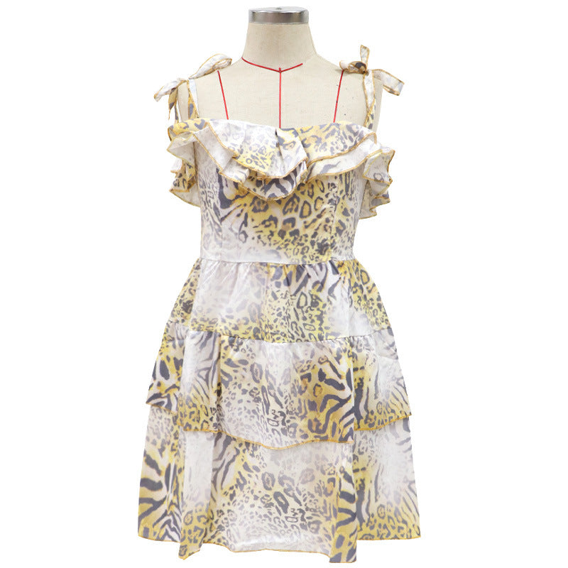 Leopard Print Lace-Up Sling Ruffle Dress Sexy Summer Wholesale Mini Dresses