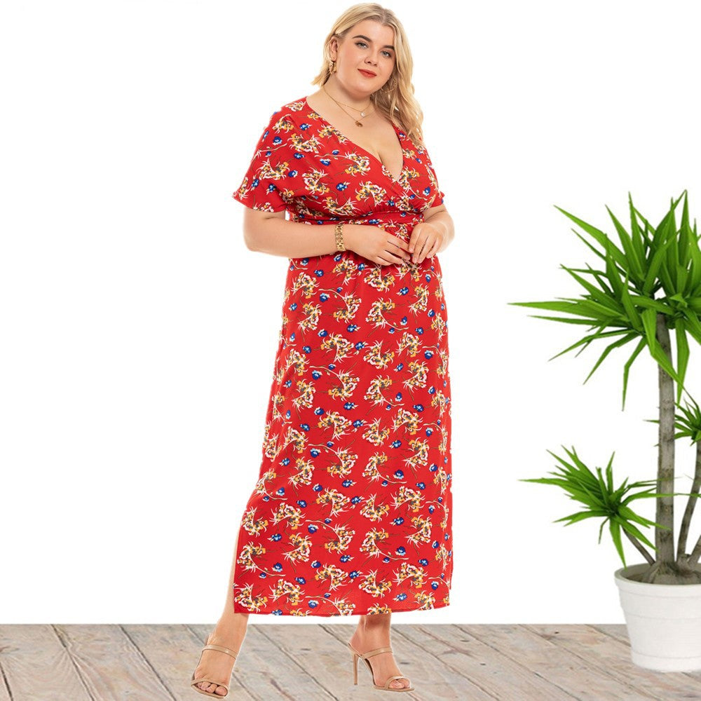 Floral Printed Deep V Slit Short Sleeve Fashion Curve Maxi Dresses Wholesale Plus Size Clothing