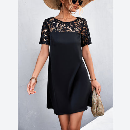 Short Sleeve Round Neck Loose Lace Stiching A-Line Dress Elegant Wholesale Dresses