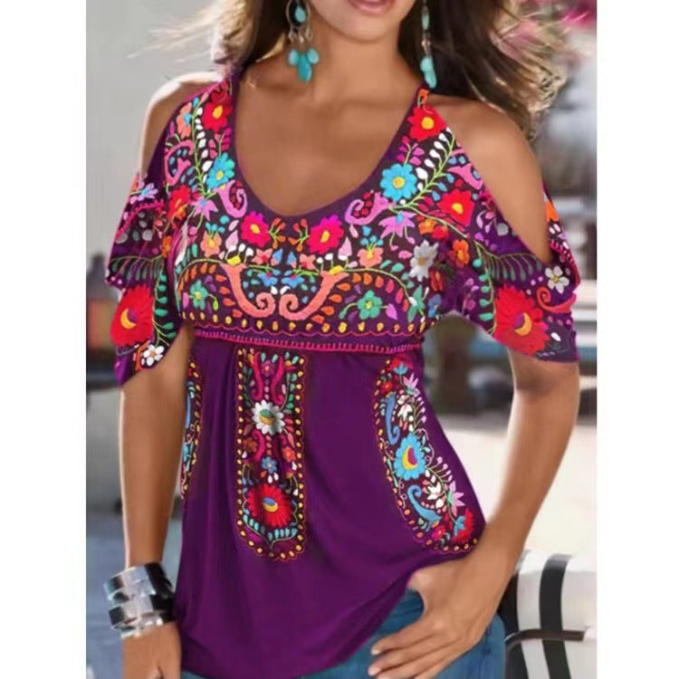 Summer Sexy Print Tops Loose Short Sleeve Women Wholesale Off Shoulder T Shirts