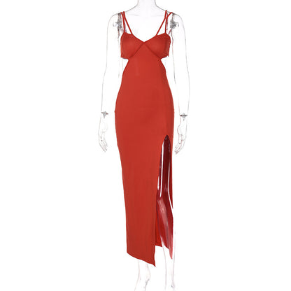 Cut Out Solid Color High Slit Sexy Slip Dress Wholesale Maxi Dresses