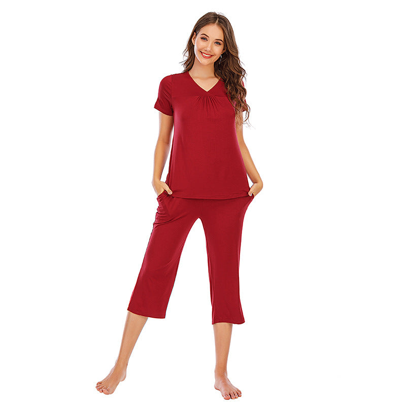 Short Sleeve T Shirts & Cropped Pants Solid Color Modal Sets Loungewear Wholesale Pajamas