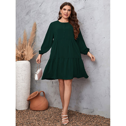 Wholesale Plus Size Women Clothing Loose Long Sleeve Ruffle Casual Midi Dress