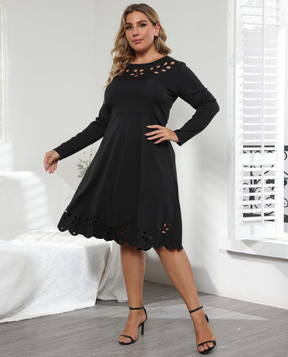 Hollow Design Long Sleeve Big Swing Wholesale Plus Size Dresses Solid Color