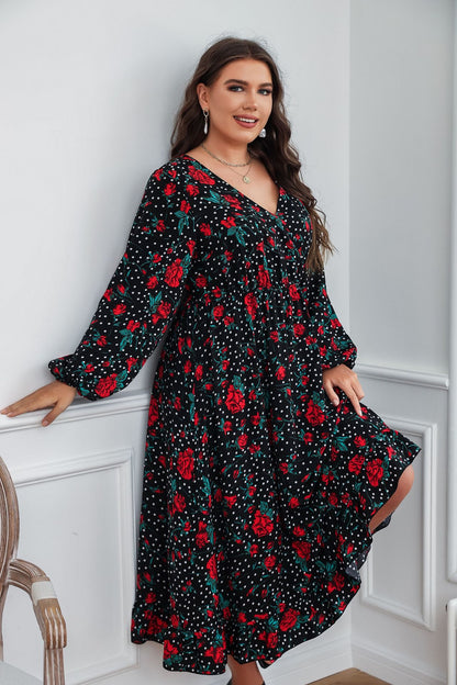 Floral Print Long Sleeve V Neck Wholesale Plus Size Dresses