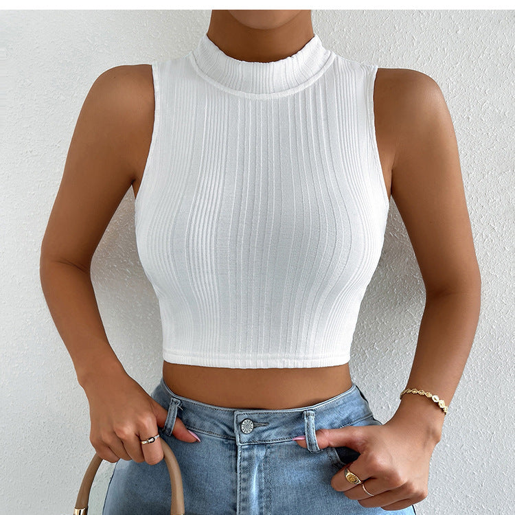 Sexy Backless Sleeveless Tops Round Neck Solid Color Slim Wholesale Crop Tops