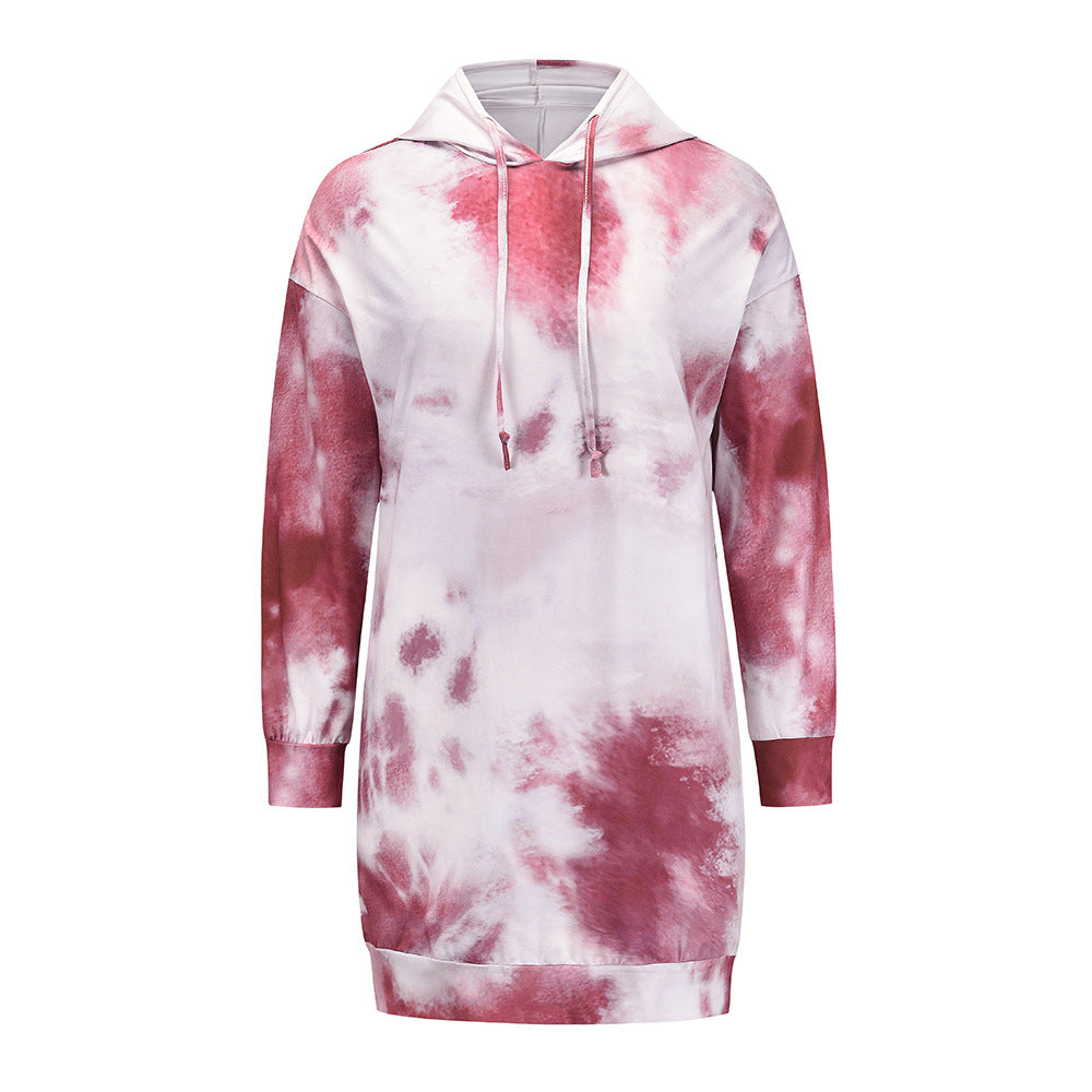 New Women Casual Tie-dye Mid-length Hoodie Dress