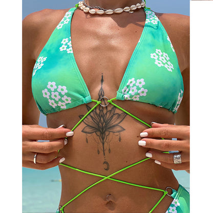 Tie-Dye Print Sexy Lace-Up Bikini Swimsuit Backless Wholesale Womens Swimwear