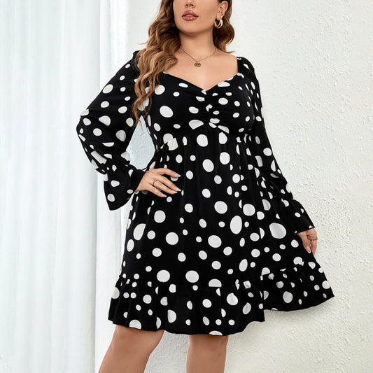 Casual V Neck Long Sleeve Polka Dots Midi A-Line Dress Wholesale Plus Size Clothing