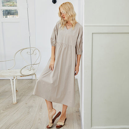 Plain Color Bubble Sleeve V Neck Wholesale Oversize Dresses Summer