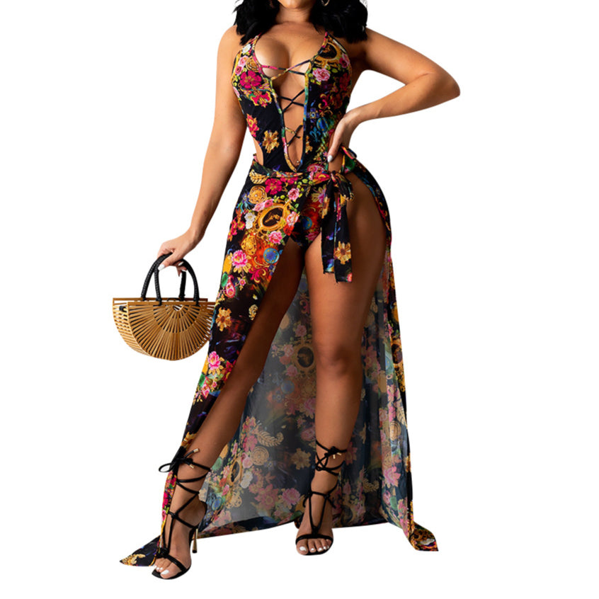 Floral Sexy Deep V Neckline Mesh Irregular See-Through Wholesale Women Dresses