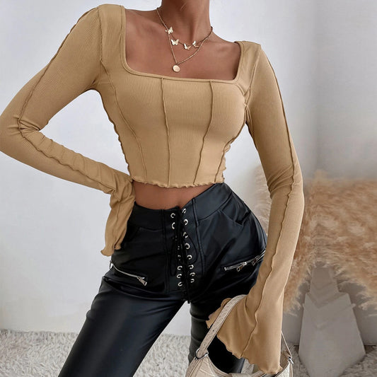 Square Neck Solid Color Close Fitting Wholesale Crop Tops Fashion