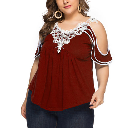 Lace-Paneled Short-Sleeved Wholesale Plus Size Tops For Valentine'S Day