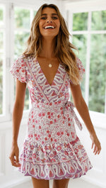 V Neck Lace Up Boho Print Ruffles Dress Short Vacation Dress Casual Wholesale Bohemian Dress For Women