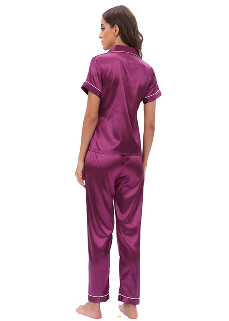 Plain Homewear Short Sleeve Lapel Shirts & Pants Satin Pajamas Womens 2 Piece Set Wholesale Loungewear