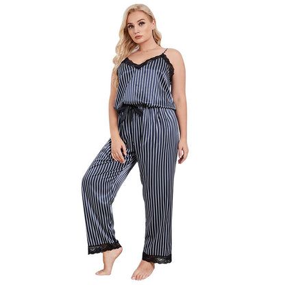 Womens 2pcs Sets Striped Lace Camisole & Trousers Curvy Satin Pajamas Loungewear Wholesale Plus Size Clothing