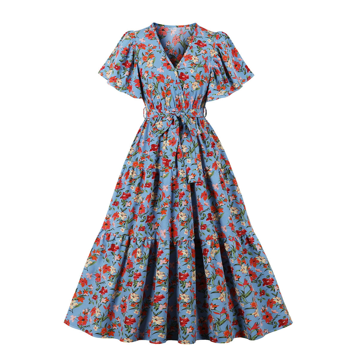 Tie-Up Elegant Floral Print Smocked Dress Wholesale Dresses