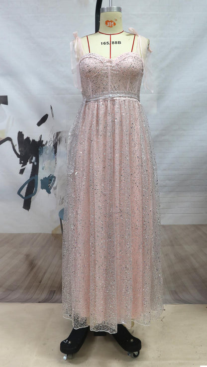 Sequins Lace-Up Sling Banquet Prom Evening Swing Dress Wholesale Maxi Dresses