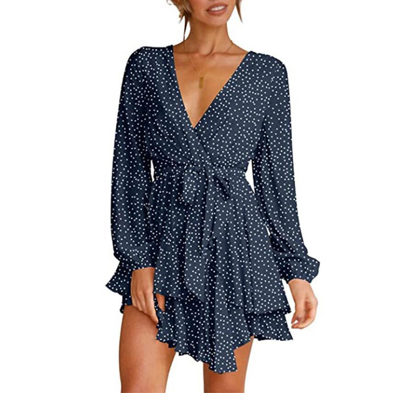 Polka Dot Print Long Sleeve V Neck Wholesale Swing Dresses With Belt