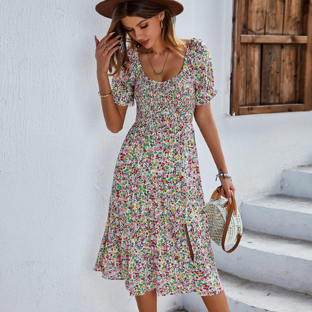 Bohemian Slit Short Sleeve Swing Wholesale Summer Dresses