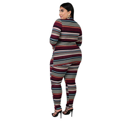 Striped Turtle Neck Plus Size Wholesale Casual Set