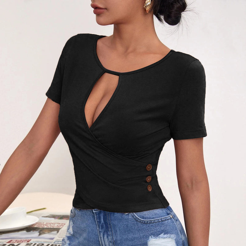 Hollow Button Slim Fit Casual Short Temperament Short-Sleeved T-Shirt Wholesale Women Tops