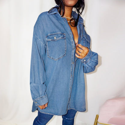 Irregular Loose Button-Down Solid-Color Mid-Length Denim Shirt Wholesale Women Top