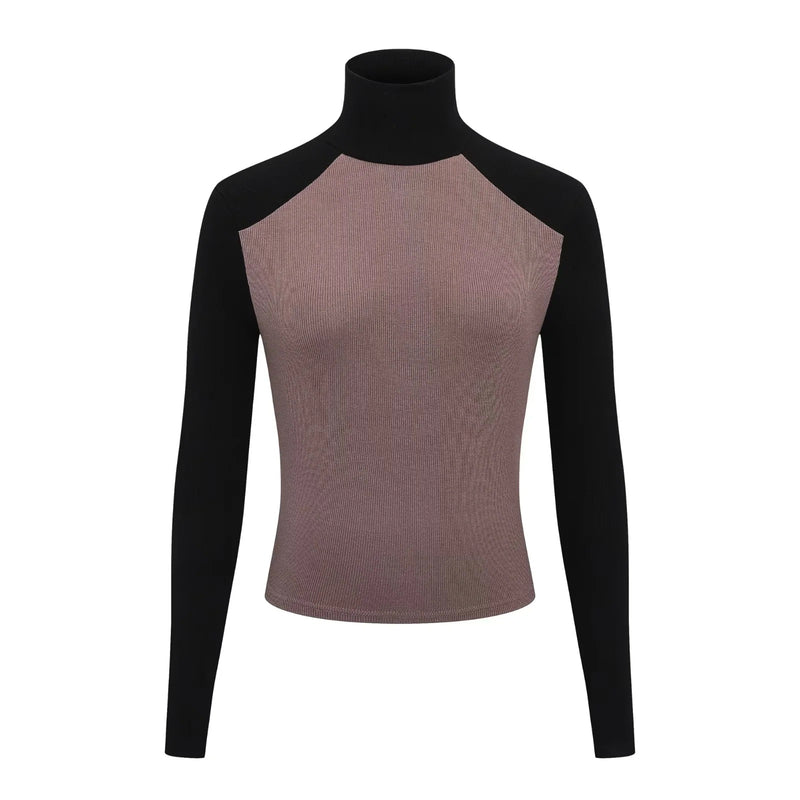 High-Neck Splicing Contrasting Color Long-Sleeved Raglan Sleeves Slim Fit Wholesale Women Top