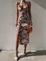 Sexy Low Cut Deep V Sling Lace-Up Midi Dress Backless Side Slit Print Wholesale Dresses