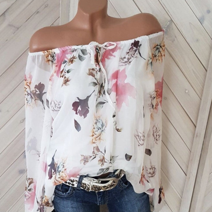 Casual Loose Chiffon Sexy Off Shoulder Floral Tops Lace-Up Wholesale Womens Long Sleeve T Shirts