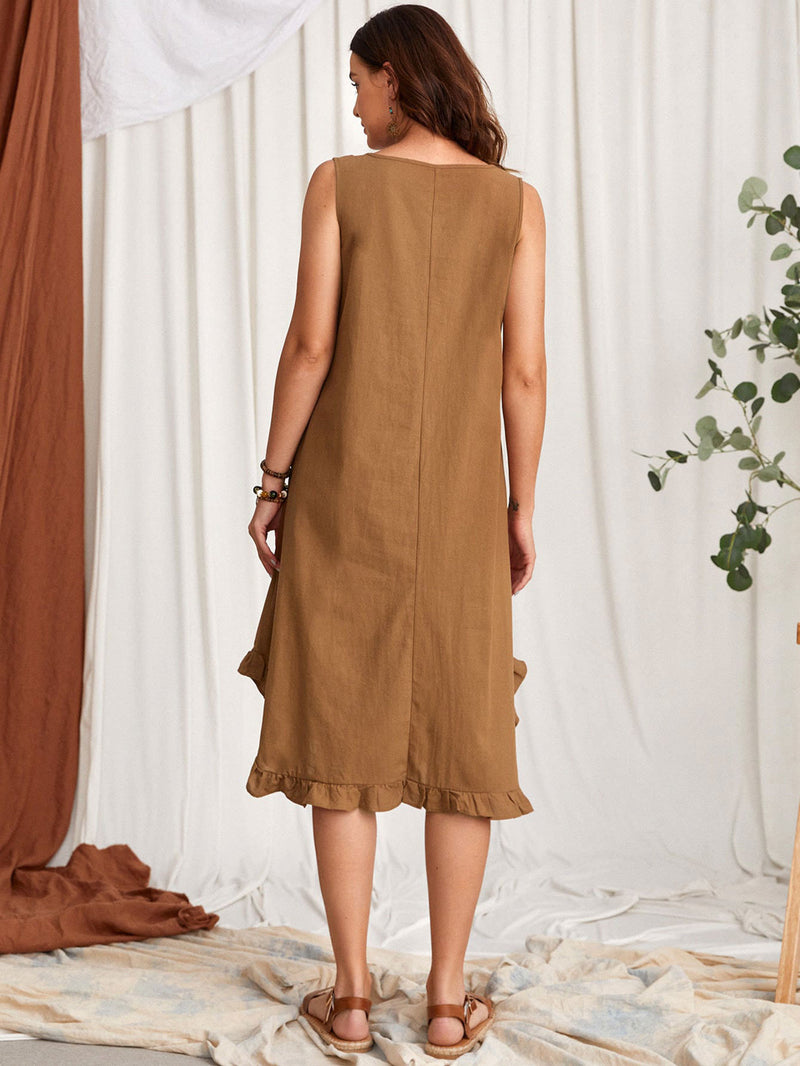Loose Sleeveless Solid Color Cotton Linen Tank Dress With Pocket Wholesale Dresses