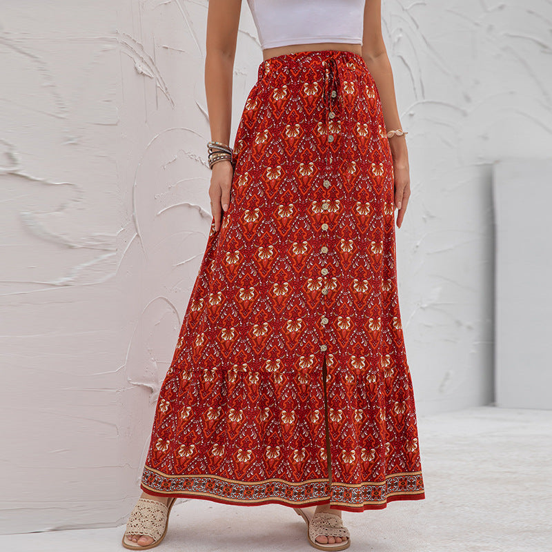 High-Waisted Printed Skirt With Slits