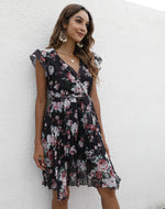 V-Neck Floral Print Ruffle Sleeve Tie-Up Chiffon Swing Dress Casual Wholesale Dresses