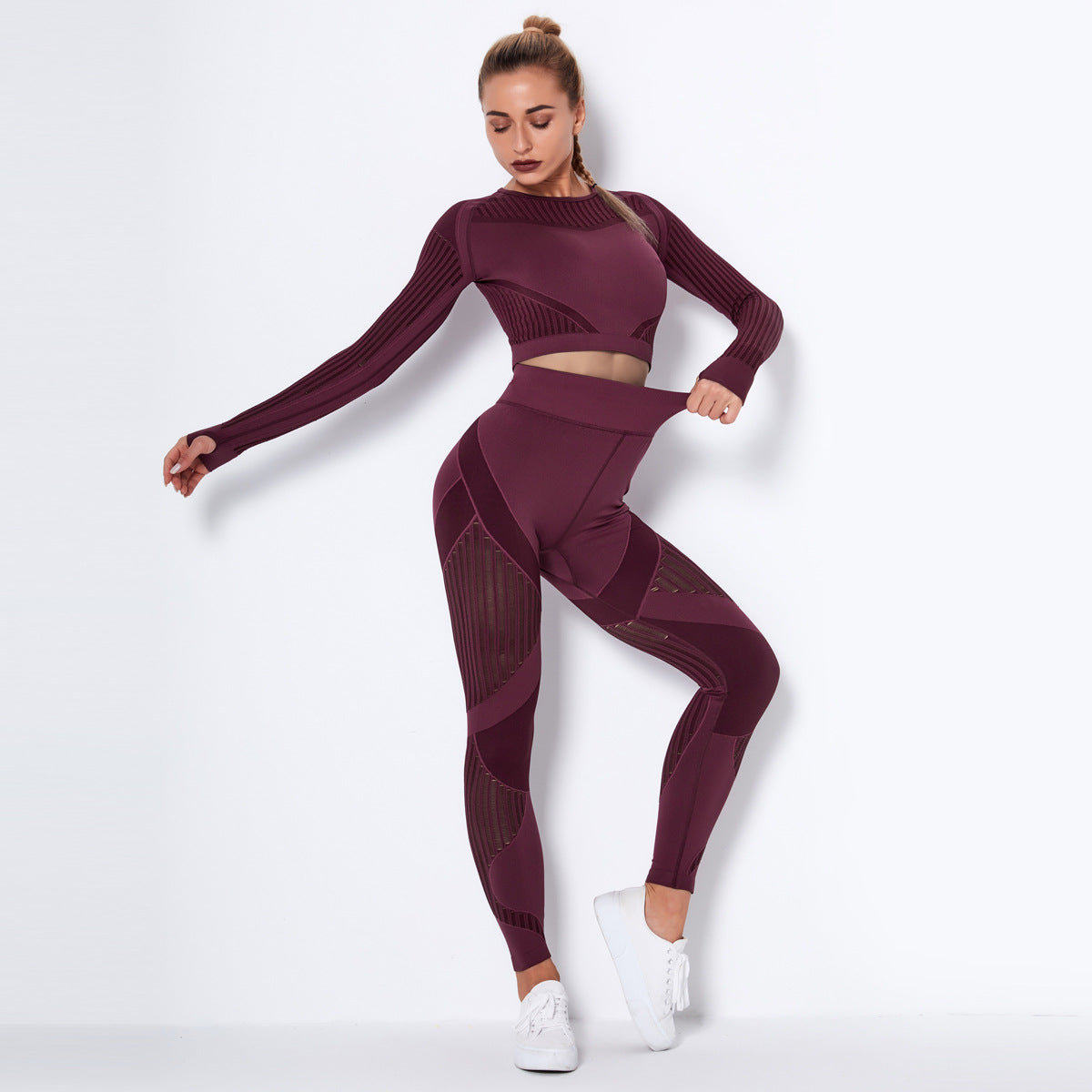 Seamless Mesh Long-Sleeved Tops & Leggings Fitness Yoga Suits Wholesale Activewear Sets