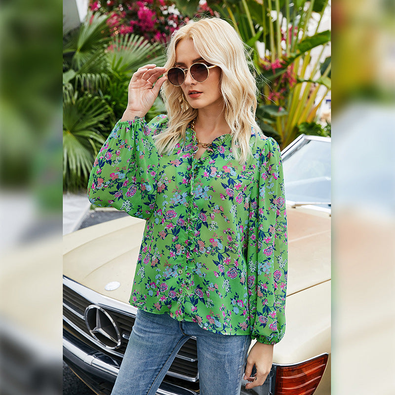 Floral Print Long Sleeve Button Down Wholesale Shirts Chiffon Blouses Summer