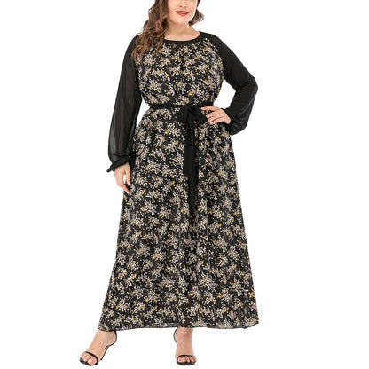 Wholesale Women'S Plus Size Clothing Round Neck Panel Long Sleeve Printed Dress