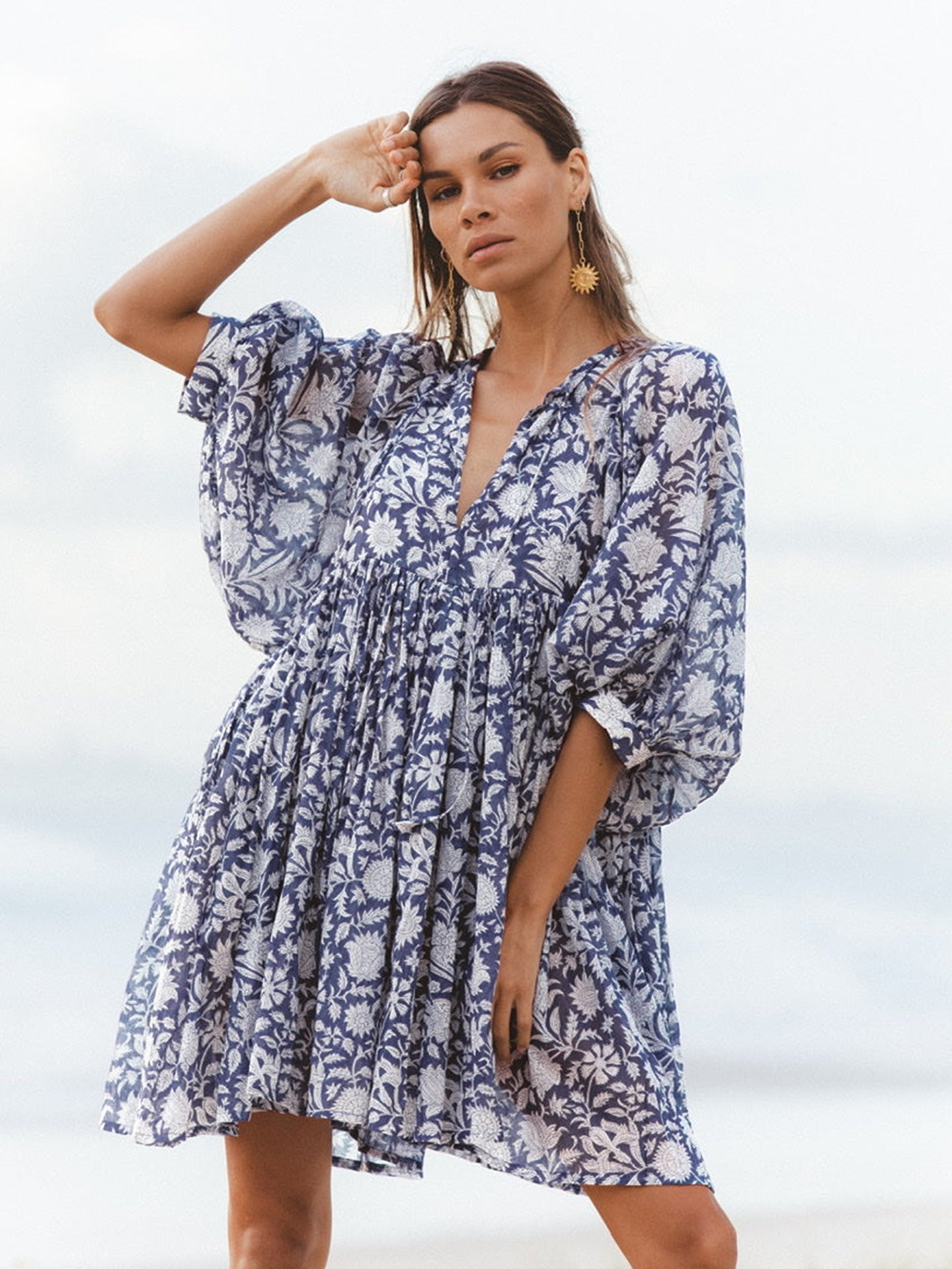 Floral Print Tie Rope Loose Casual Vacation Swing Dress Wholesale Dresses