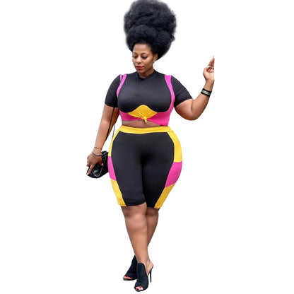 Colorblock Crop Top + Short Leggings Plus Size Two Piece Sets Wholesale