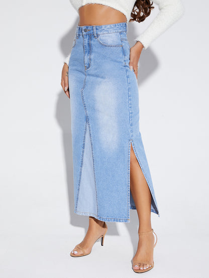 Side Slit Patchwork Wholesale Women Denim Skirt