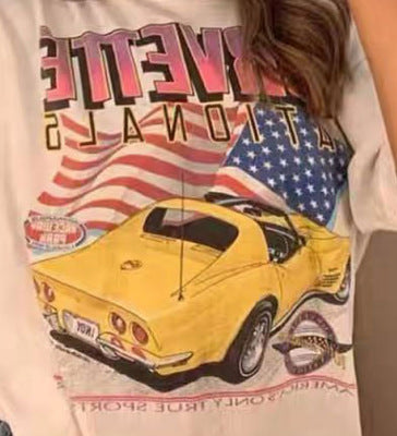 Retro Car Print Casual Short Sleeve T-Shirt Wholesale Womens Tops