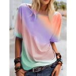 Round Neck Rainbow Gradient Print Short Sleeve Loose Womens Tops Casual Wholesale T Shirts