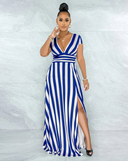 Fashion Striped Slit Design Deep V Wholesale Maxi Dresses Sexy Womens Clothing