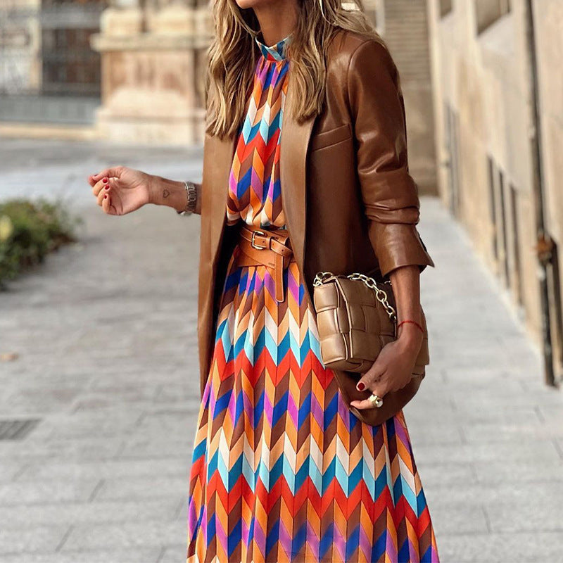 Trendy Geometric Print Long Sleeve Midi Dress Wholesale Dresses